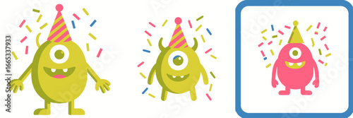 Celebrating a cartoon monster birthday party with confetti and party hats, bringing smiles and fun to any project with these adorable characters!