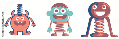 Playful cartoon spring monsters bring whimsical charm to any project, perfect for kids' designs, games, or educational materials with a lighthearted feel