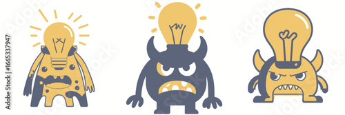 Brainy cartoon monsters showcase creative ideas with light bulb heads, perfect for educational resources and quirky design projects, unique characters
