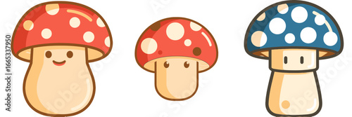 Delightful mushroom trio cartoon icons bring whimsy to your designs, perfect for adding a touch of playful nature to children's books and creative projects