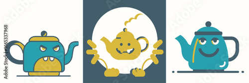 Quirky cartoon teapots showcase playful emotions from grumpy to cheerful, perfect for adding a whimsical touch to any design project or branding material