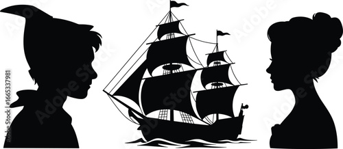 Fantasy silhouettes of boy profile, girl cameo, and sailing ship, magical shadow art design, fairy tale inspired illustration for crafts, storytelling, decoration
