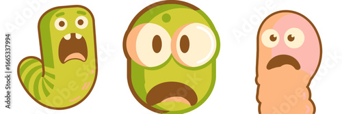 Surprised cartoon worms expressing shock and awe with wide eyes and open mouths, perfect for games, educational resources, and funny designs!
