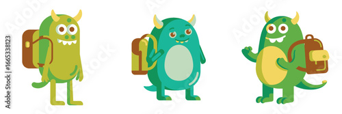 Adorable cartoon monsters with backpacks ready for school, perfect for educational materials, children's books, and fun designs, bright and cheerful