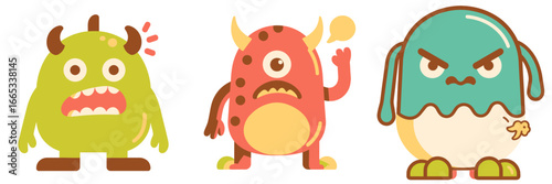 Playful cartoon monster characters showing a range of emotions like anger, shock, and irritation ready for your next creative project or educational content