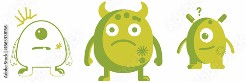 Whimsical cartoon monsters convey a playful, lighthearted mood, perfect for children's books, educational content, and fun design projects with quirky characters