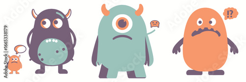 Quirky monsters express a range of emotions, creating a fun and engaging visual for playful designs and humorous projects, perfect for cartoons
