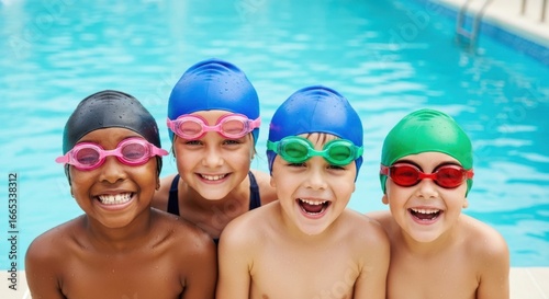 Group of happy children in colorful swimming caps and goggles smiling by the pool