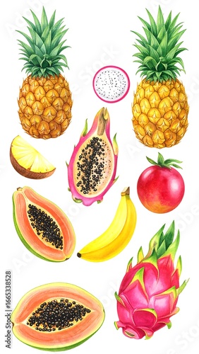 Colorful tropical fruits arranged on a white background