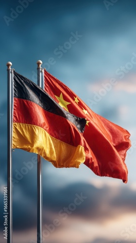 Flags of Germany and China wave together against a dramatic sky at sunset