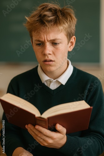 Confused Student Reading Difficult Book