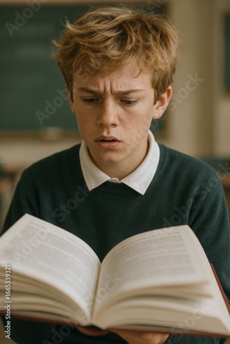 Student in Classroom Reading With Concern