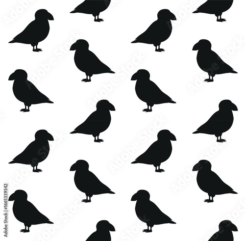 Vector seamless pattern of flat  puffin bird isolated on white background