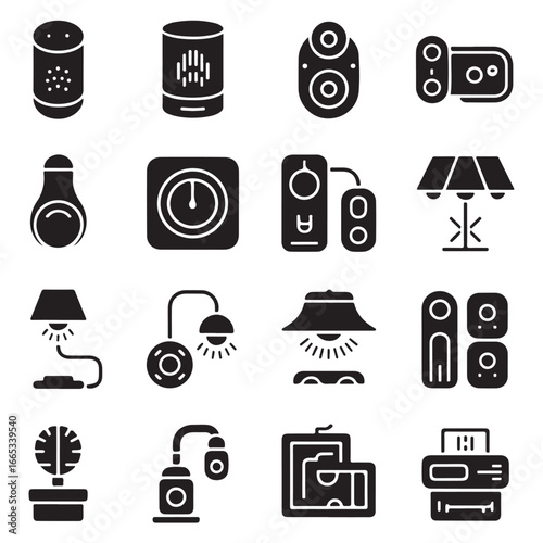 Collection of black icons for smart home devices and lighting smart speaker