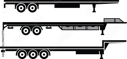 Flatbed utility trailer silhouette vector set with heavy duty cargo hauler outlines, transport truck equipment, towing vehicle design illustrations