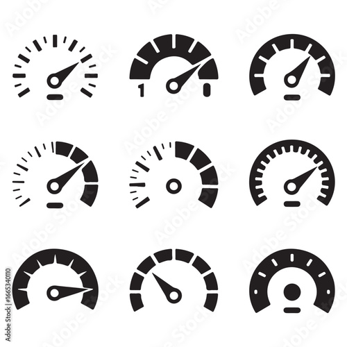 Nine black speedometer icons with varying needle positions and markings on white background gauge dial