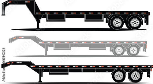 Colored vector illustration of gooseneck flatbed trailer in three styles, solid silhouette, outline drawing, and shaded technical version for hauling