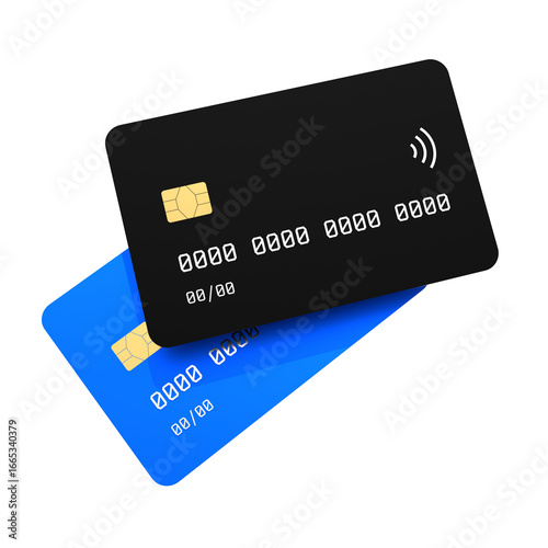 Bank Card, Finance, Digital Transaction – Black credit card stacked on a blue card in 3D perspective. Modern banking and electronic payment concept ideal for commerce, e-wallets, and financial service