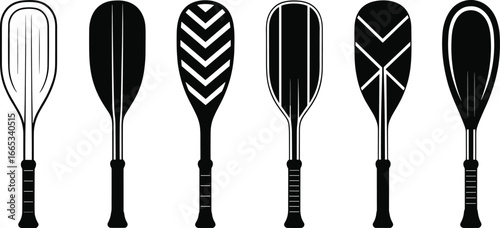 Black silhouette kayak paddles collection featuring canoe oars with decorative blade designs for water sports, adventure, outdoor, and boating illustration projects