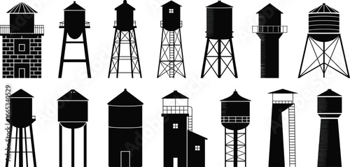 Black silhouette water towers collection featuring diverse industrial, urban, and rural designs for architecture, storage, infrastructure, and cityscape illustration projects