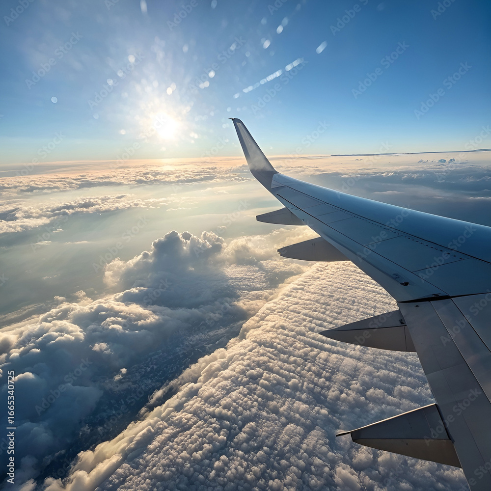 Fototapeta premium Bright airplane wing view above fluffy white clouds.