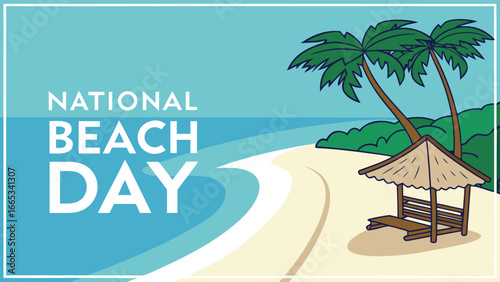 Tropical beach scene with palm trees and shelter ocean water