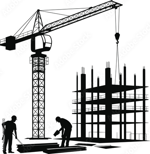 Silhouette of construction site with crane, workers, and unfinished building structure for engineering, architecture, building, labor, industrial projects, and urban development