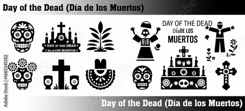 Vibrant Day of the Dead vector with sugar skulls, altars, marigolds, skeletons, crosses and cultural icons perfect for Mexican holiday celebration design