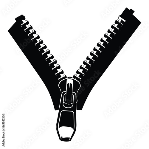 Close up of an open zipper fastener showing metal teeth and slider detail silhouette