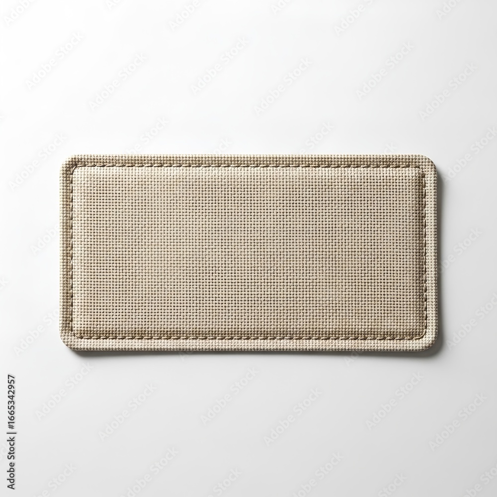 Fototapeta premium Blank rectangular fabric patch mockup with stitched border on white background, perfect for branding design.