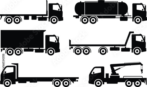 Truck silhouette vector set with flatbed, tanker, cargo box, trailer and crane vehicle icons for logistics and construction illustration