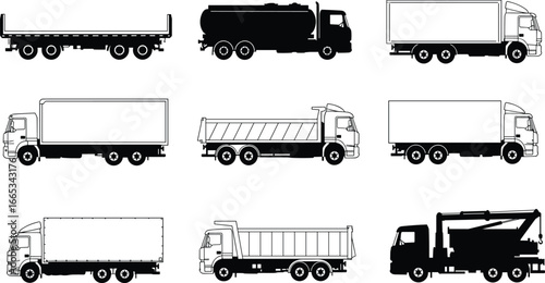 Heavy duty truck vector collection with flatbed, tanker, dump lorry, crane vehicle and cargo transport silhouette icons for logistics illustration