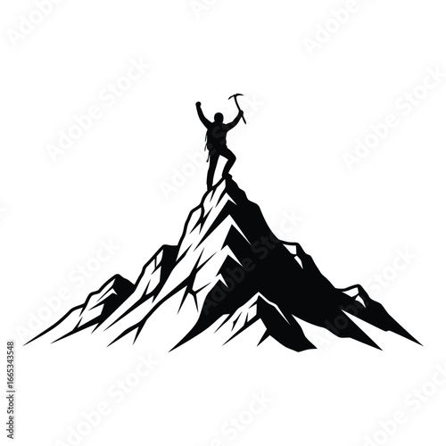 Silhouette of climber celebrating victory atop a jagged mountain peak with ice axe silhouette