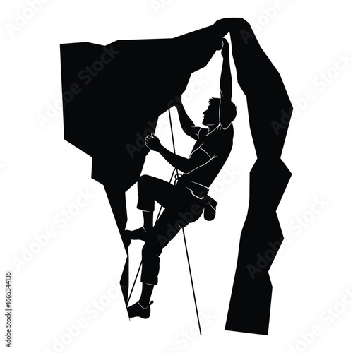 Dynamic silhouette of a climber ascending a rugged rock face with dramatic overhang silhouette