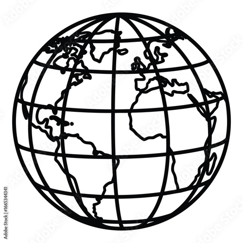 Simple black and white globe outline depicting continents and meridians for global concepts silhouette