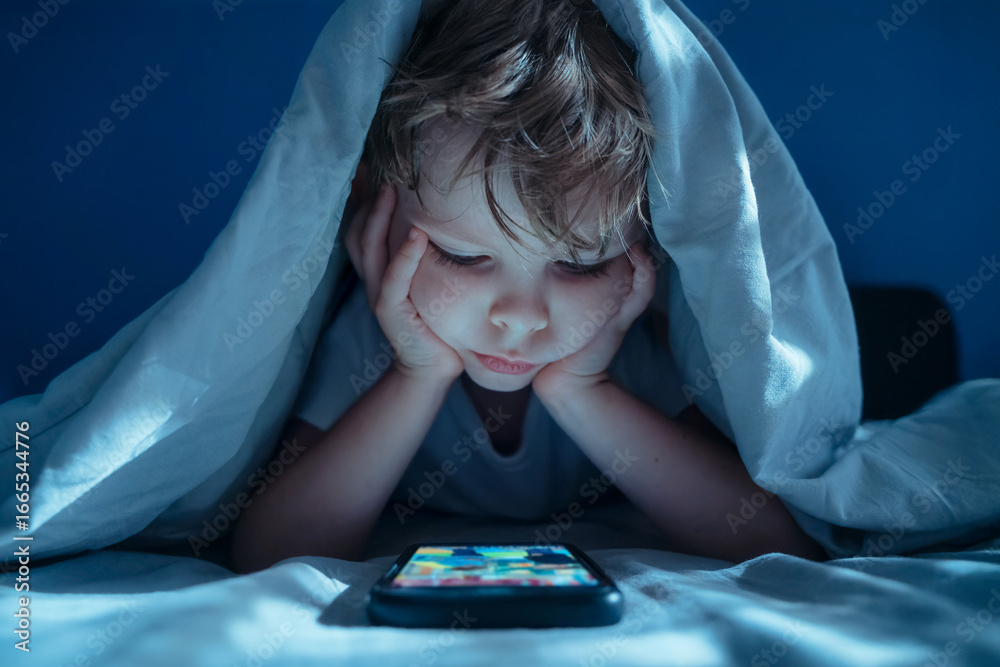 little bored boy in bed at night hiding under blanket, staring at glowing smartphone screen. Digital addiction, excessive screen time, and late-night gadget overuse.