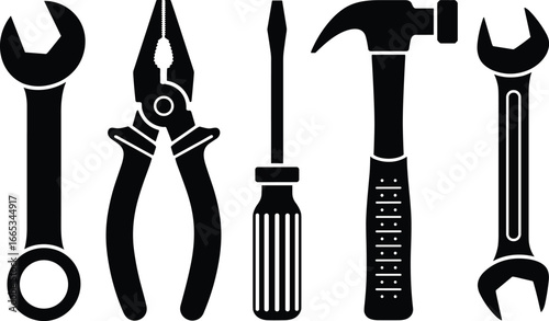 Hand tool silhouette set with wrench, pliers, screwdriver, and claw hammer for construction, mechanic, carpentry, and repair design