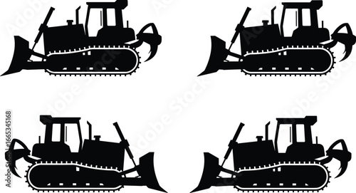 Silhouette set of bulldozers with front blades and rear ripper tools, heavy construction machinery for excavation, earthmoving, and industrial projects