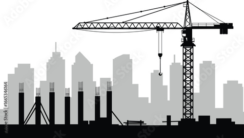 Silhouette of construction crane with city skyline background, urban building development, architecture industry, engineering equipment, modern infrastructure growth, real estate construction site