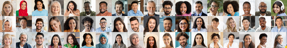 Fototapeta premium A vibrant collection of diverse individuals showcasing happiness and togetherness. Each person expresses joy, representing various lifestyles in a unified collage.