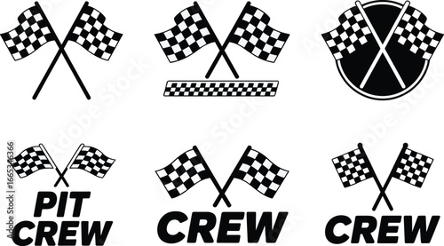 Checkered racing flag vector set with pit crew and crew text, motorsport icons, finish line racing competition symbols and emblem design