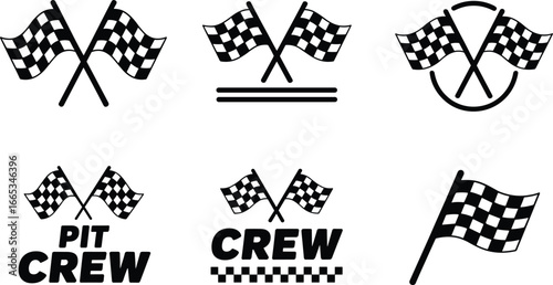 Checkered racing flags vector set, motorsport icons with pit crew text, finish line symbols and racing competition emblem illustration design