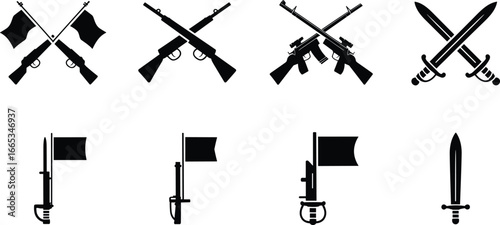 Military weapons SVG bundle, crossed rifles silhouette, machine gun clipart, combat swords vector, bayonet flag design, soldier insignia svg, veteran army emblem Cricut files set