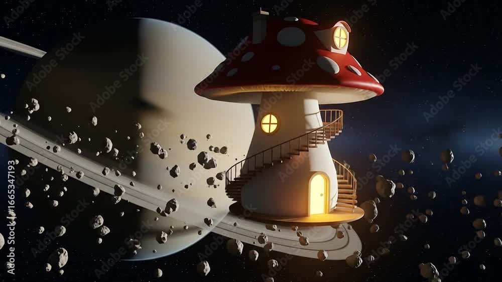 Fantasy mushroom shaped house floating in outer space with Saturn and asteroid belt background.