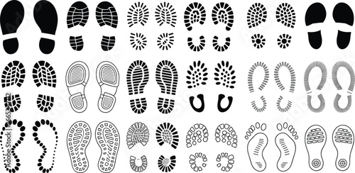 Footprint silhouette collection, shoe sole vector set, barefoot tracks, cowboy horseshoe prints, hiking boot treads, flip flop footprints, sneaker shoe prints, outdoor trail icons design