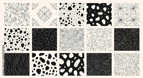 Collection of abstract organic and geometric patterns in black and white