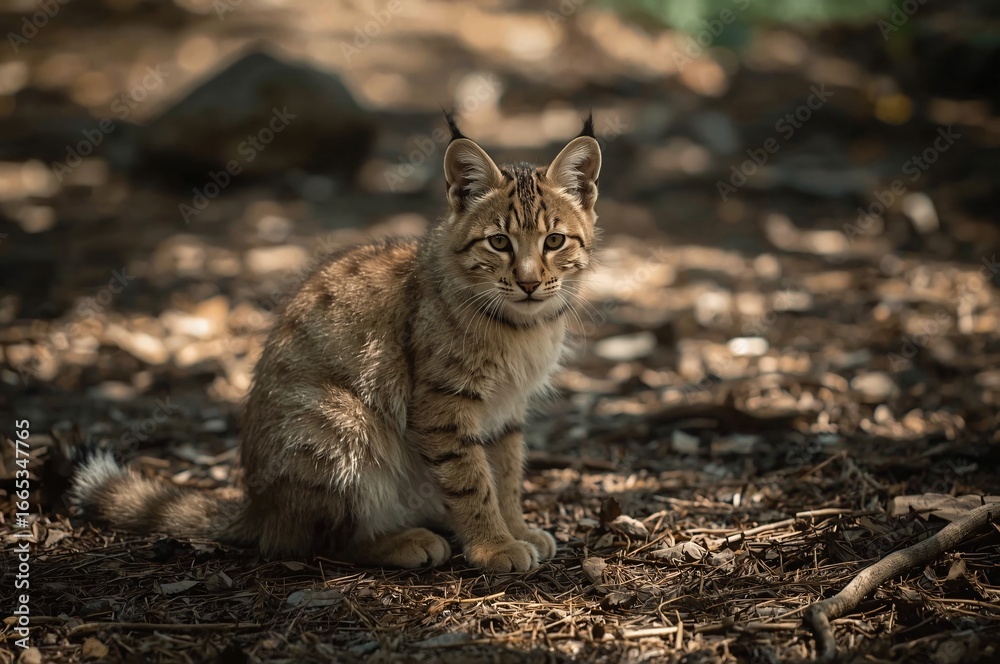 Obraz premium Bobcat kitten sitting forest floor, sunlight dappled background, wildlife nature photography