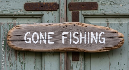 Rustic weathered wood sign that says gone fishing hanging on a weathered door