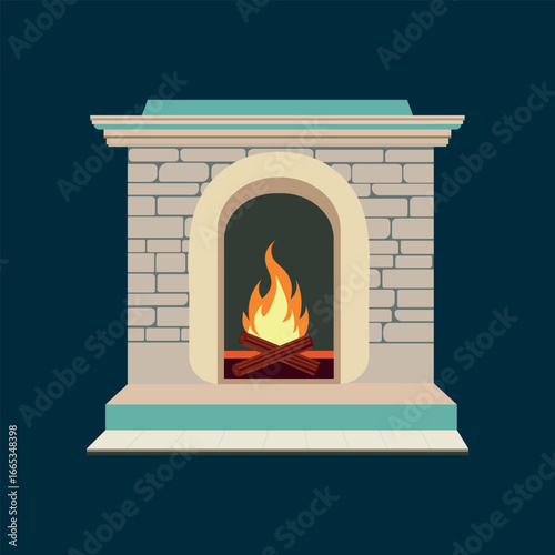 Brick fireplace with flame and firewood. Vector illustration.