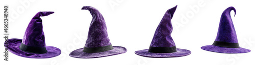 Four purple witch hats for halloween, isolated on transparent background, perfect for costumes, parties, and adding a touch of magic to your designs
